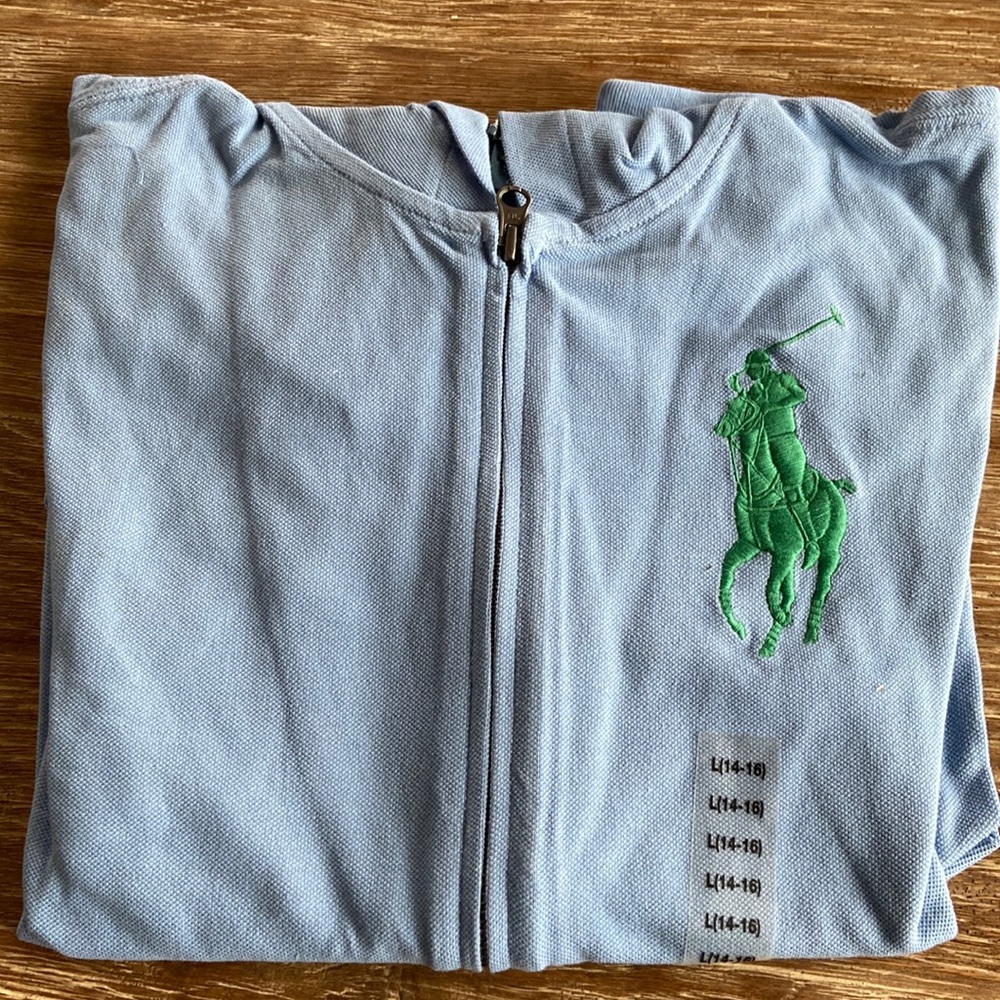 Polo Ralph Lauren Boys Full Zip mesh Hoodie Light blue Size L 14-16 NWT